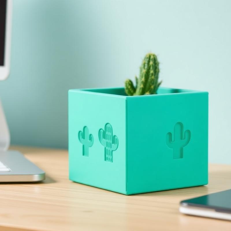 Vaso cubo verde-água com recortes de cacto impresso em 3D
