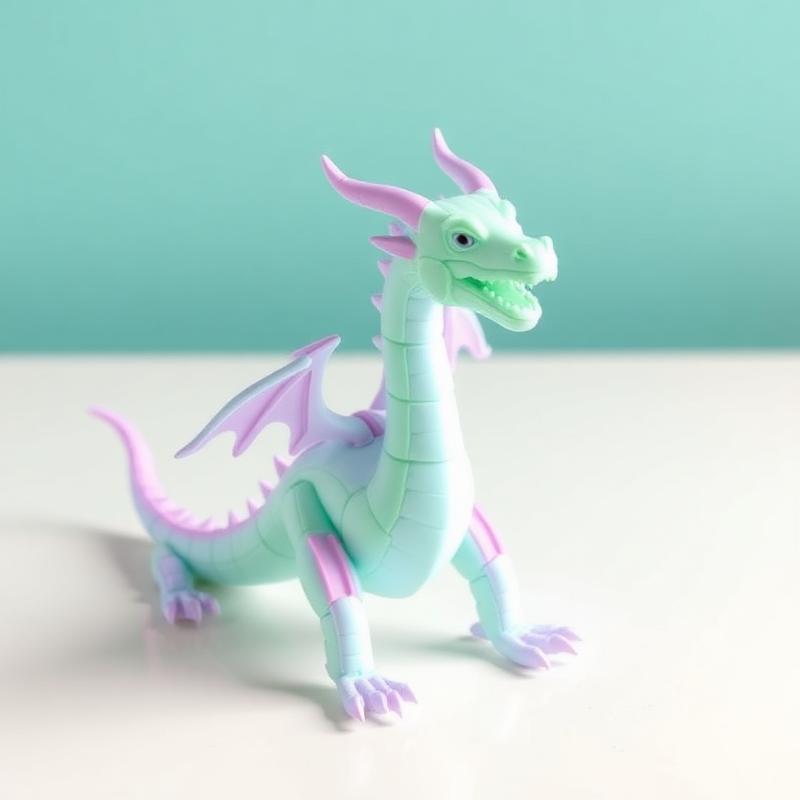 Dragão articulado impresso em 3D em tons de verde menta e lilás