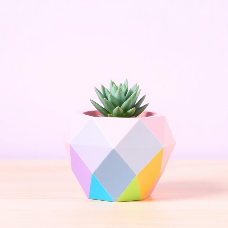 Vaso geométrico pastel impresso em 3D com suculenta